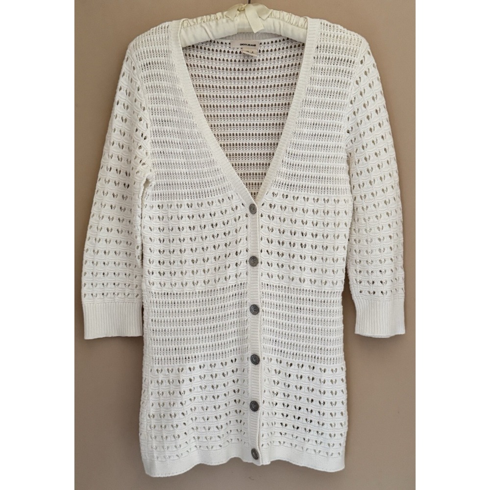 DKNY JEANS Cardigan Women's S Ivory 3/4 Sleeve Button Up Open Front Perforated